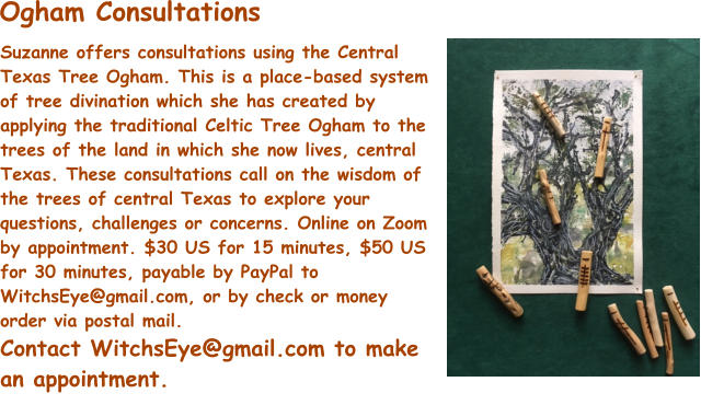 Suzanne offers consultations using the Central Texas Tree Ogham. This is a place-based system of tree divination which she has created by applying the traditional Celtic Tree Ogham to the trees of the land in which she now lives, central Texas. These consultations call on the wisdom of the trees of central Texas to explore your questions, challenges or concerns. Online on Zoom by appointment. $30 US for 15 minutes, $50 US for 30 minutes, payable by PayPal to WitchsEye@gmail.com, or by check or money order via postal mail. Contact WitchsEye@gmail.com to make an appointment. Ogham Consultations